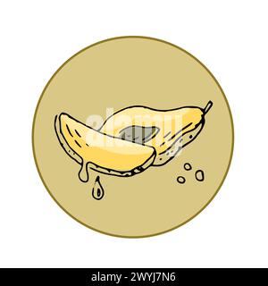 Etiketten mit in Scheiben geschnittenen Mangobrüchten. Handgezeichnete Frucht in Sketch Art Illustration. Vektor-Illustration der tropischen Frucht für gesund - Mango. Farbtöne Stock Vektor