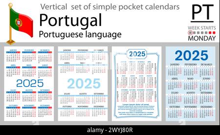Portugiesischer vertikaler Taschenkalender für 2025 (zweitausendfünfundzwanzig). Die Woche beginnt Montag. Neujahr. Einfaches Design in Farbe. Vektor Stock Vektor