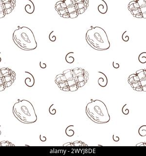 Nahtlose tropische Frucht-Mango-Hintergrund. Vektorabbildung kann zum Einhüllen von Papier, Hintergrund, Poster und Hintergrundbildern verwendet werden. Mango-Umrissskizze. Stock Vektor