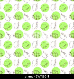 Nahtloses Muster mit Mango und grüner, runder Form. Vektorabbildung kann zum Einhüllen von Papier, Hintergrund, Poster und Hintergrundbildern verwendet werden. Mango-Umrissskizze. Stock Vektor