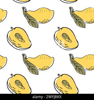 Nahtloses Muster mit gelber Mango, Sketch-Kunst. Vektorabbildung kann zum Einhüllen von Papier, Hintergrund, Poster und Hintergrundbildern verwendet werden. Hintergrund für Mango-Skizzen. Stock Vektor