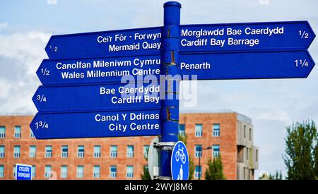 Cardiff Bay, Cardiff, Wales 25. September 2023: Straßenschilder mit Wegbeschreibung zu einigen der beliebtesten Sehenswürdigkeiten von Cardiff. Stockfoto