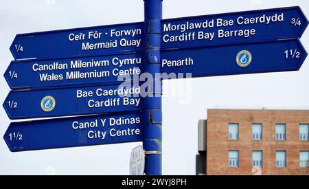 Cardiff Bay, Cardiff, Wales 25. September 2023: Straßenschilder mit Wegbeschreibung zu einigen der beliebtesten Sehenswürdigkeiten von Cardiff. Stockfoto