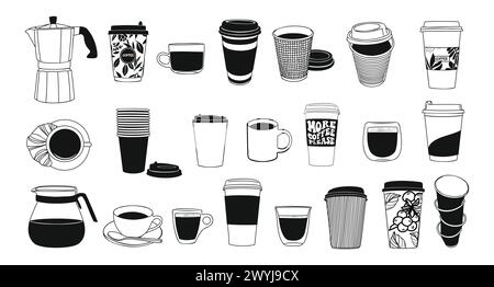 Set aus verschiedenen Kaffeeelementen, Kaffeetasse, Kanne. Stock Vektor