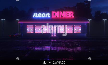 Neon Diner und Retro Auto spät in der Nacht. Nebel, Regen und Farbreflexe auf Asphalt. 3D Abbildung Stockfoto