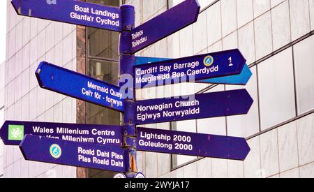 Cardiff Bay, Cardiff, Wales 25. September 2023: Straßenschilder mit Wegbeschreibung zu einigen der beliebtesten Sehenswürdigkeiten von Cardiff. Stockfoto