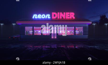 Neon Diner und Retro Auto spät in der Nacht. Nebel, Regen und Farbreflexe auf Asphalt. 3D Abbildung Stockfoto