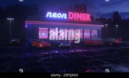 Neon Diner und Retro Auto spät in der Nacht. Nebel, Regen und Farbreflexe auf Asphalt. 3D Abbildung Stockfoto