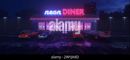 Neon Diner und Retro Auto spät in der Nacht. Nebel, Regen und Farbreflexe auf Asphalt. 3D Abbildung Stockfoto