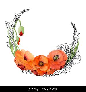 Handgezeichnete Aquarelle botanische Illustration Blumen Blätter. Roter Mohn Papaver, Stiele Knospen Samenkörner. Kranzrahmen isoliert auf weißem Hintergrund. Design Stockfoto