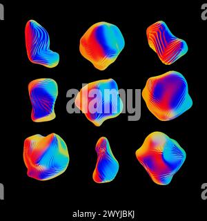 Abstrakte wellige Objekte. Mit Beschneidungspfad festlegen. Irisierend. Bunte UV-Folie Textur, flüssige Oberfläche, Wellen. 3D-Rendering-Abbildung. Stockfoto