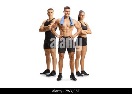 Gruppe männlicher und weiblicher Athleten in Sportkleidung isoliert auf weißem Hintergrund, Bodybuilding und Fitnesskonzept Stockfoto