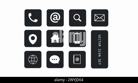 Symbolgruppe Kontakt. Schwarzweißdarstellung verschiedener Kontakt- oder Websymbole Stock Vektor