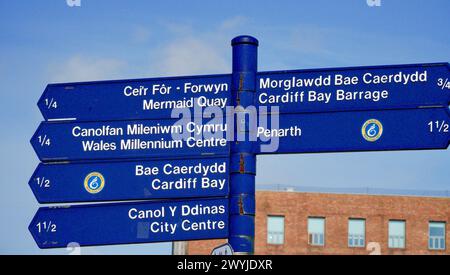 Cardiff Bay, Cardiff, Wales 25. September 2023: Straßenschilder mit Wegbeschreibung zu einigen der beliebtesten Sehenswürdigkeiten von Cardiff. Stockfoto