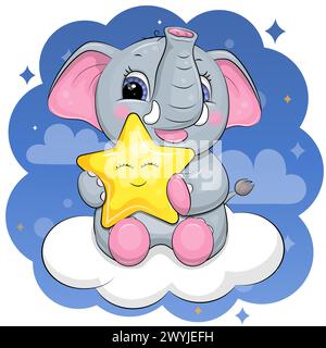 Der süße Comic-Elefant hält einen gelben Stern und sitzt auf einer Wolke. Nachtvektor-Illustration auf blauem Hintergrund. Stock Vektor