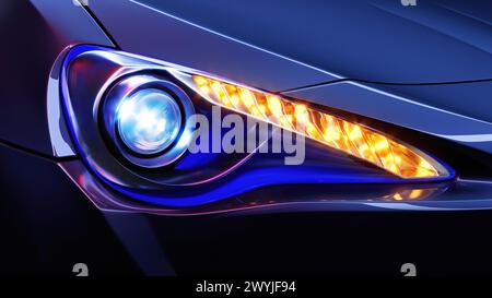 Autoscheinwerfer mit Makroansicht „Copy Space“. LED- oder Xenon-Lampe. Nahaufnahme eines modernen prestigeträchtigen Autos. 3D Abbildung. Stockfoto