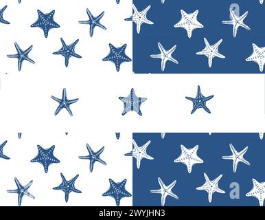 Set aus nahtlosem Vektormuster mit blauen Meeressternen. Handgezeichnete Vintage-Skizze mit Gravurelementen. Meereshintergrund. Verwendbar für Verpackung, PAP Stock Vektor