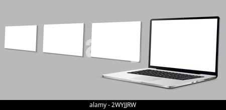 Notebook-Computermockup mit leeren Wireframing-Seiten. Konzept zur Präsentation von Web-Design-Projekten. Vektorgrafik Stock Vektor