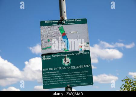 Illoura Reserve und Peacock Point Reserve, Schild des rates, das die Menschen daran erinnert, dass Hunde an der Leine in diesem Park am Wasser in Sydney, NSW, Australien sein müssen Stockfoto