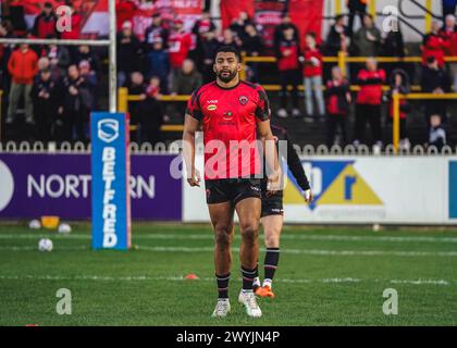 Castleford, Yorkshire, Großbritannien. April 2024. Super League Rugby: Castleford Tigers gegen Salford Red Devils im Ming-A-hose Jungle Stadium. Kallum Wat Stockfoto