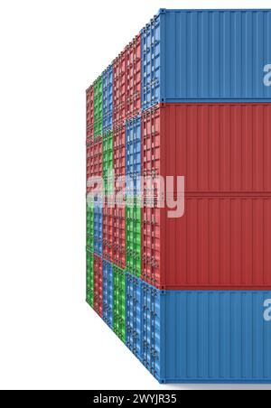 3D-Rendering vieler geschlossener blauer, orangefarbener, grüner und roter Frachtcontainer, die aufeinander gestapelt sind, auf weißem Hintergrund. Stockfoto