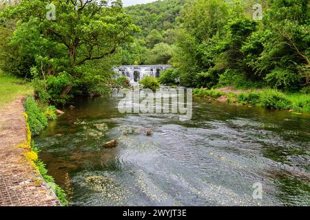 Weir am Fluss Wye in Monsal Dale im Peak District in Derbyshire, England Stockfoto