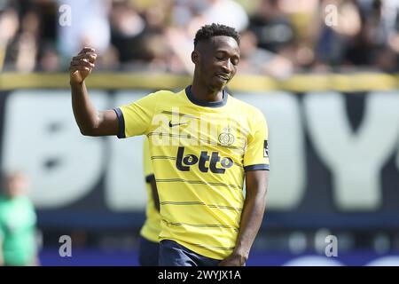 Brüssel, Belgien April 2024. Amani Lazare reagiert auf ein Fußballspiel zwischen Royale Union Saint Gilloise und Cercle Brugge am Sonntag, den 7. April 2024 in Brüssel, am 2. (Von 10) Tag der Play-offs der Champions der ersten Liga der belgischen Meisterschaft 2023-2024. BELGA FOTO BRUNO FAHY Credit: Belga News Agency/Alamy Live News Stockfoto