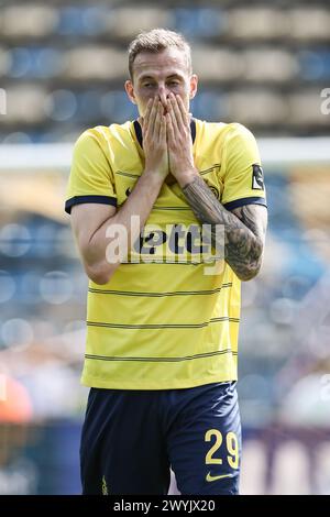 Brüssel, Belgien April 2024. Gustaf Nilsson reagiert auf ein Fußballspiel zwischen Royale Union Saint Gilloise und Cercle Brugge am Sonntag, den 7. April 2024 in Brüssel, am 2. Tag (von 10) der Play-offs der Champions in der ersten Liga der belgischen Meisterschaft 2023-2024. BELGA FOTO BRUNO FAHY Credit: Belga News Agency/Alamy Live News Stockfoto