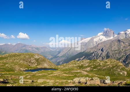 Frankreich, Hautes-Alpes, La Grave vallée de l'Oisans, Emparis Plateau, Lac Lérié (2375 m), belvedere an den Rändern der Nordwand der Meije (3983 m) Stockfoto