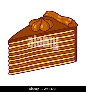 Ein Stück traditioneller chilenischer Torta MIL Hojas-Kuchen. Mille-Feuille-Gebäck mit vielen dünnen Schichten und Dulce de leche (Manjar)-Füllung. Zeichentrickzeichnung, V Stock Vektor