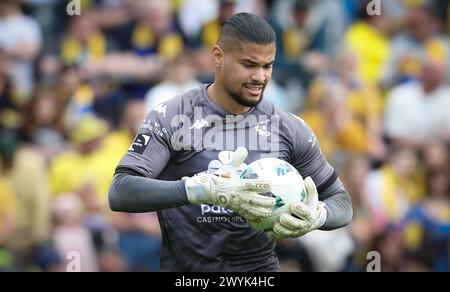 Brüssel, Belgien April 2024. Cercle Torhüter Lisboa Warleson gibt Gesten während eines Fußballspiels zwischen Royale Union Saint Gilloise und Cercle Brugge am Sonntag, den 7. April 2024 in Brüssel, am 2. Tag (von 10) der Play-offs der Champions in der ersten Liga der belgischen Meisterschaft 2023-2024. BELGA PHOTO VIRGINIE LEFOUR Credit: Belga News Agency/Alamy Live News Stockfoto