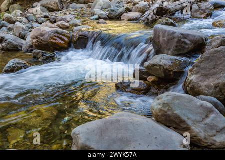 Wasser fließt über Felsen im Big Cottonwood Creek am Big Cottonwood Canyon in der Nähe von Salt Lake City, Utah Stockfoto