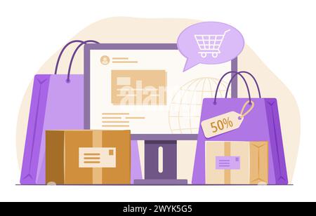 Einkaufstaschen und Merchandise Boxen mit Desktop Computer Monitor für Online Shopping und E-Commerce Konzept Illustration Stock Vektor