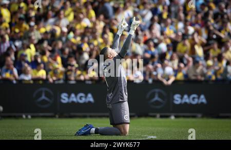 Brüssel, Belgien April 2024. Cercle Torhüter Lisboa Warleson feiert während eines Fußballspiels zwischen Royale Union Saint Gilloise und Cercle Brugge am Sonntag, den 7. April 2024 in Brüssel, am 2. Tag (von 10) der Play-offs der Champions der ersten Liga der belgischen Meisterschaft 2023-2024. BELGA PHOTO VIRGINIE LEFOUR Credit: Belga News Agency/Alamy Live News Stockfoto