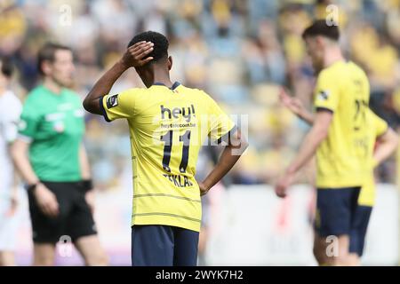 Brüssel, Belgien April 2024. Henok Teklab von Union, das während eines Fußballspiels zwischen Royale Union Saint Gilloise und Cercle Brugge am Sonntag, den 7. April 2024 in Brüssel am 2. Tag (von 10) der Play-offs der Champions der ersten Liga der belgischen Meisterschaft 2023-2024 gezeigt wurde. BELGA FOTO BRUNO FAHY Credit: Belga News Agency/Alamy Live News Stockfoto