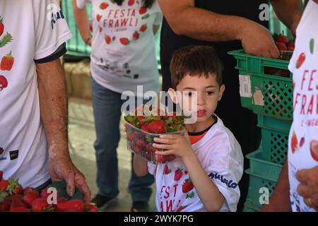 Mgarr, Malta. April 2024. Ein Junge hält am 7. April 2024 eine Kiste Erdbeeren in Mgarr, Malta. Ein Erdbeerfest namens Festa Frawli fand am Sonntag in Mgarr von Malta statt, das viele maltesische Menschen und Touristen anzog. Quelle: Jonathan Borg/Xinhua/Alamy Live News Stockfoto