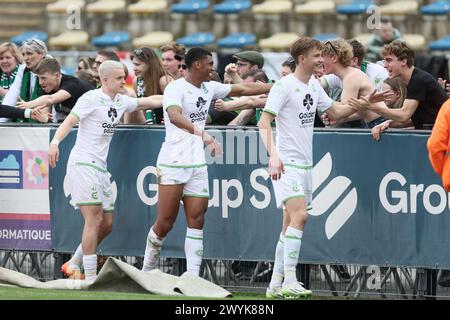 Brüssel, Belgien April 2024. Die Spieler von Cercle feiern nach dem Sieg eines Fußballspiels zwischen Royale Union Saint Gilloise und Cercle Brugge am Sonntag, den 7. April 2024 in Brüssel, am 2. Tag (von 10) der Play-offs der Champions in der ersten Liga der belgischen Meisterschaft 2023-2024. BELGA FOTO BRUNO FAHY Credit: Belga News Agency/Alamy Live News Stockfoto