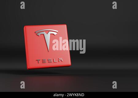 Buenos Aires, Argentinien - 3. April 2024: Tesla-Logo in drei Dimensionen mit Kopierraum. 3D-Abbildung. Stockfoto