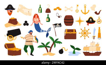 Süßes Piratenset. Sea Adventure Aufkleber Sammlung von Korsair Kapitän mit Papagei und Meerjungfrau Charakter, Insel- und Schatzkarte, Piratenflagge und Boot, Pistole und Schwert Cartoon Vektor Illustration Stock Vektor