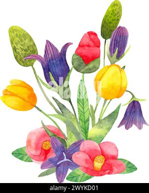 Blumenstrauß mit Blättern. Zusammensetzung von Kamelie, Tulpe und Glocke. Botanische Aquarellillustration. Handgezeichnete Kunst isoliert. Clipart für Stock Vektor