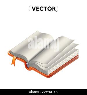 3D geöffnetes leeres Buch mit Lesezeichen, isoliert auf weißem Hintergrund. Symbol für 3D-Buch. Handbuchsymbol. Vektorabbildung. Vektorabbildung Stock Vektor