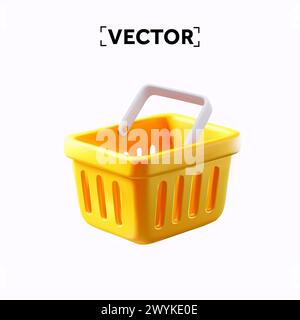 3D minimaler gelber Warenkorb mit Cartoon-Stil, isoliert auf weißem Hintergrund. 3D-Einkaufswagen-Symbol. Vektorabbildung. Vektorabbildung Stock Vektor