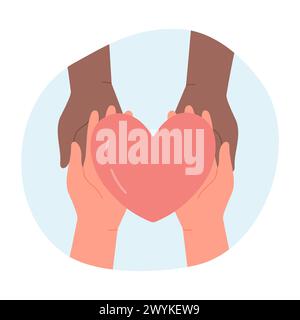 Verschiedene Hautfarben Hände mit Herz. Teilen von Liebe und Fürsorge, Wohltätigkeit und Unterstützung Cartoon Vektor Illustration Stock Vektor