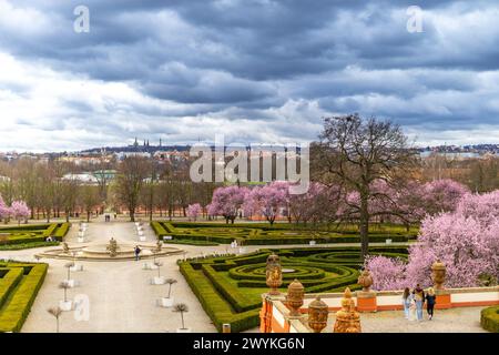 Blick auf die Prager Burg von den Gärten der Troja Burg im Frühling Stockfoto