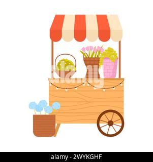 Blumenmarkt-Wagen auf Rädern. Blumenkompositionen, Blumensträuße kaufen Karikaturvektorillustration Stock Vektor
