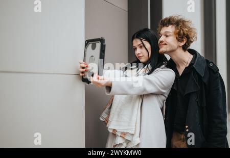 Geschäftspartner machen ein Selfie während eines zwanglosen Meetings im Freien Stockfoto