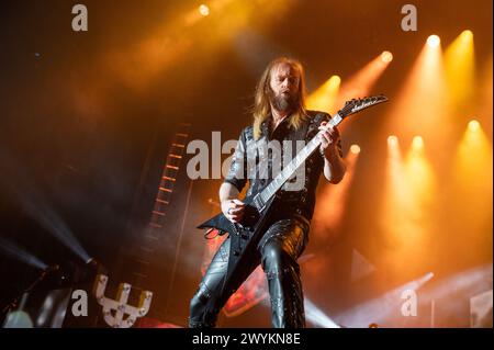 6. April 2024: Judas Priest Gitarrist Andy Sneap spielt ein Konzert in Mailand Stockfoto