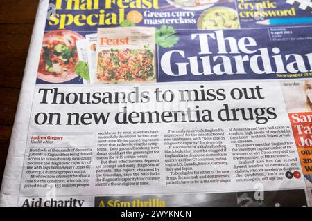 "Tausende verpassen neue Demenzmittel" Guardian-Zeitung Schlagzeile Titelseite NHS Drogenbehandlung artikel 6 April 2024 London England Großbritannien Stockfoto