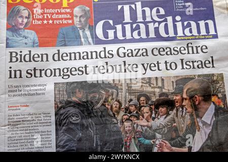 Joe 'Biden fordert Gaza-Waffenstillstand in stärkster Weise gegenüber Israel' Guardian Zeitung Schlagzeile Netanjahu artikel 5 April 2024 London UK Stockfoto