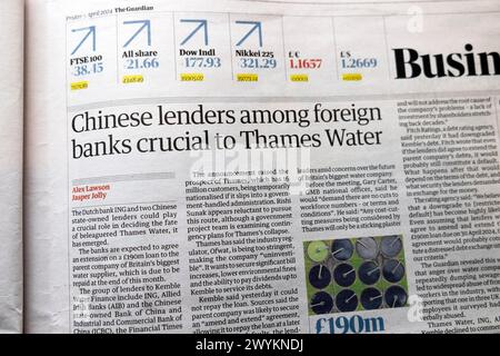 Chinesische Kreditgeber unter ausländischen Banken entscheidend für Thames Water, Schlagzeile der Zeitung China Dutch Business artikel 5 April 2024 London England Großbritannien Stockfoto